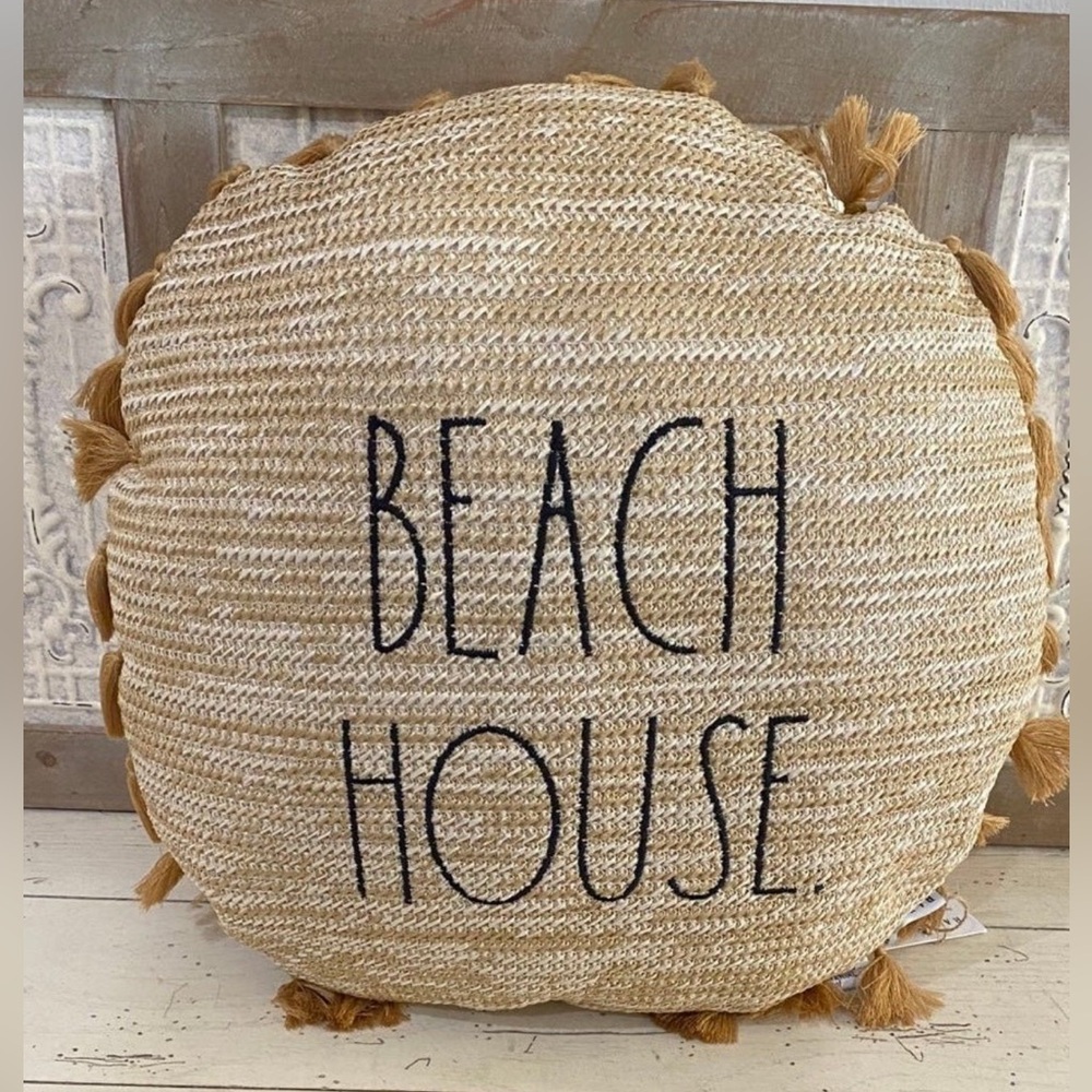 Rae Dunn Round Tassel Trim Indoor/Outdoor Throw Pillow  BEACH HOUSE - Brand new
